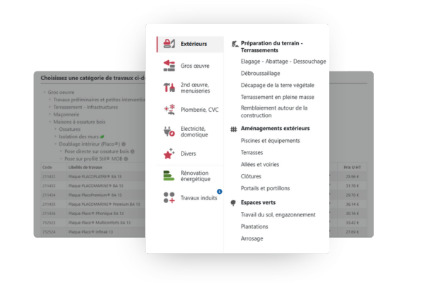 Établissement de formation BTP 1 Aperçu du module d'estimatif rapide du logiciel BatiChiffrage avec des options interactives par type de travaux