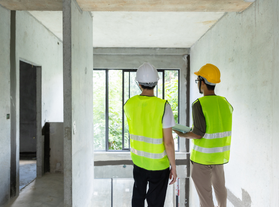Métiers 4 Deux professionnels du bâtiment analysent un plan sur un chantier