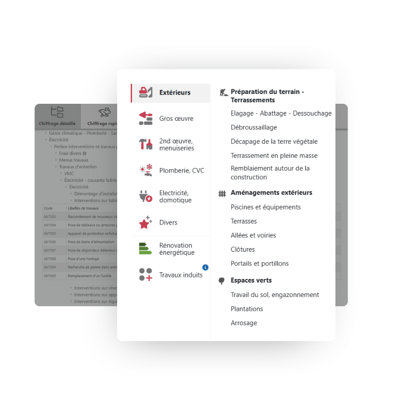 Bibliothèque de prix 2 Capture d’écran du logiciel BatiChiffrage avec les catégories de travaux