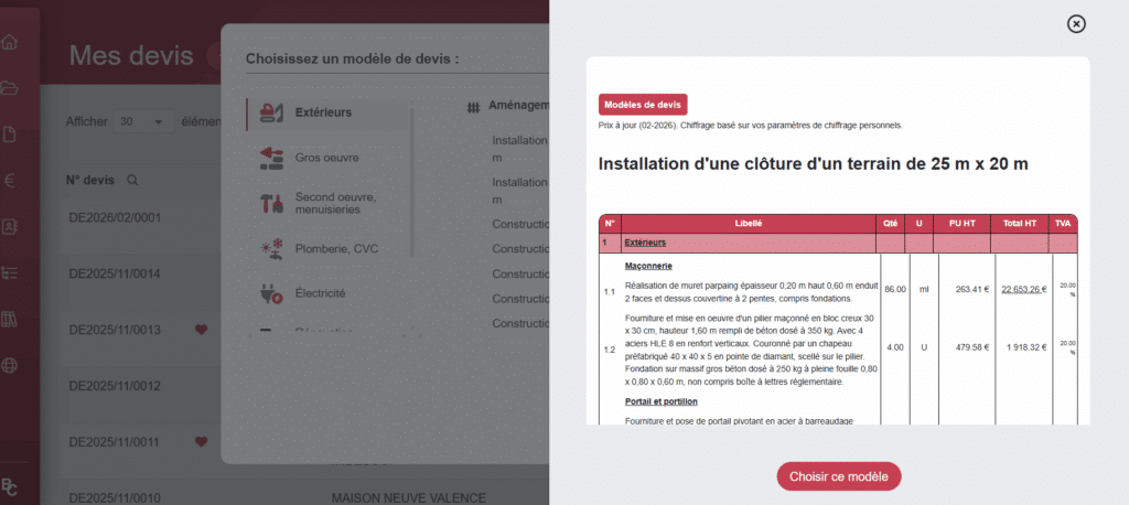 Prévisualisation d’un modèle de devis travaux avant validation dans BatiChiffrage