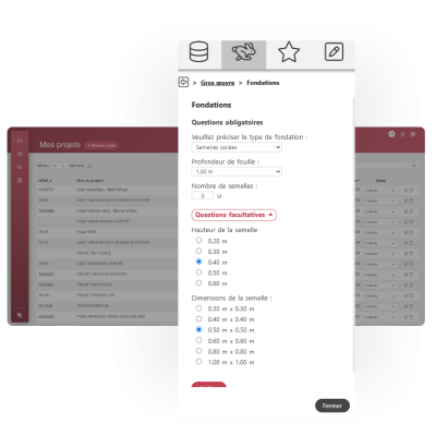 Solution complète pour estimer les projets clients Capture du module d’estimation de travaux du logiciel BatiChiffrage Maîtrise d’œuvre avec système de questions/réponses