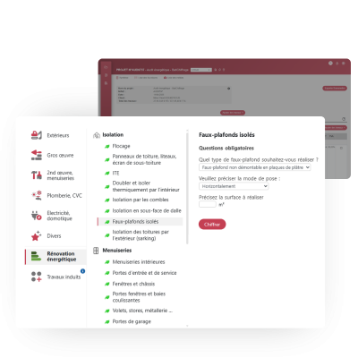 Base de données de prix fournis-posés BatiChiffrage Interface du logiciel affichant une bibliothèque de prix de travaux unitaires avec classement par corps d'état