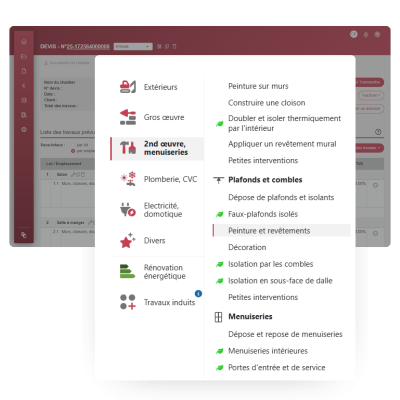 Interface du logiciel BatiChiffrage avec bibliothèque de travaux peinture