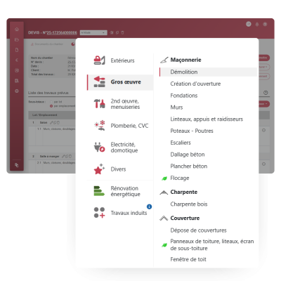 Interface du logiciel BatiChiffrage avec bibliothèque de travaux de maçonnerie
