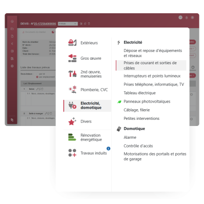 Interface du logiciel BatiChiffrage avec bibliothèque de travaux d'électricité