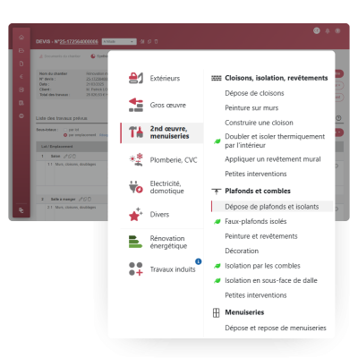Interface du logiciel BatiChiffrage avec bibliothèque de travaux de plaquiste