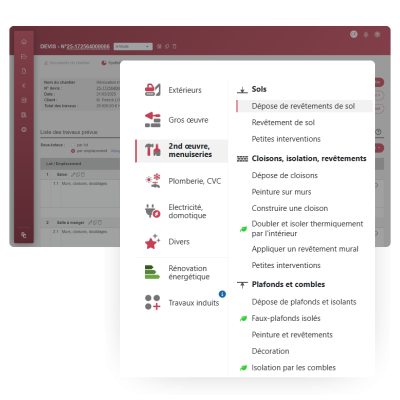 Interface du logiciel BatiChiffrage avec bibliothèque de travaux carreleur