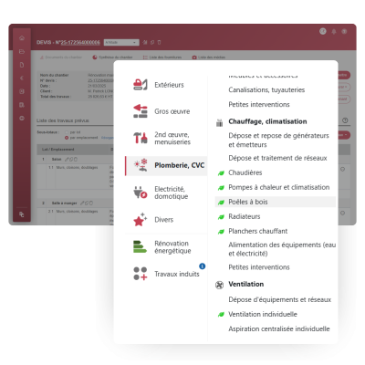 Interface du logiciel BatiChiffrage avec bibliothèque de travaux chauffagiste