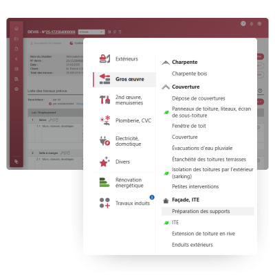 Interface du logiciel BatiChiffrage avec bibliothèque de travaux de charpentier