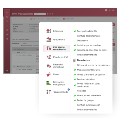 Interface du logiciel BatiChiffrage avec bibliothèque de travaux menuiserie