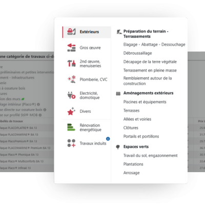 Aperçu du module d'estimatif rapide du logiciel BatiChiffrage avec des options interactives par type de travaux