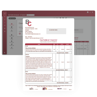 Exemple de facture générée automatiquement avec le logiciel BatiChiffrage conforme à la réglementation