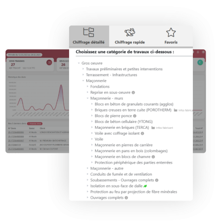 Liste des catégories de travaux disponibles dans la base de prix du logiciel BatiChiffrage